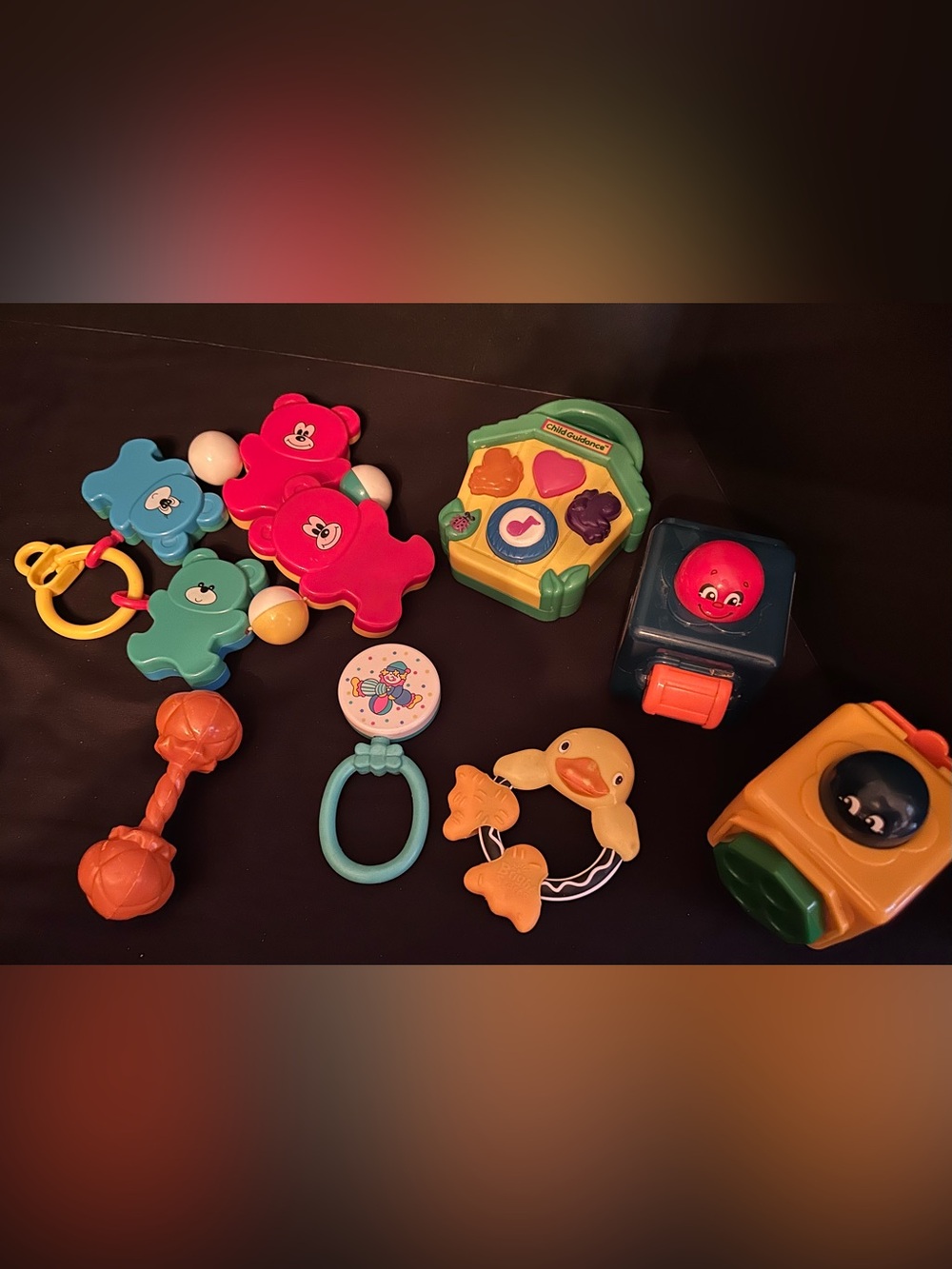 Vintage Baby Toy Lot Rattle Bear, Blocks, Musical Birdhouse